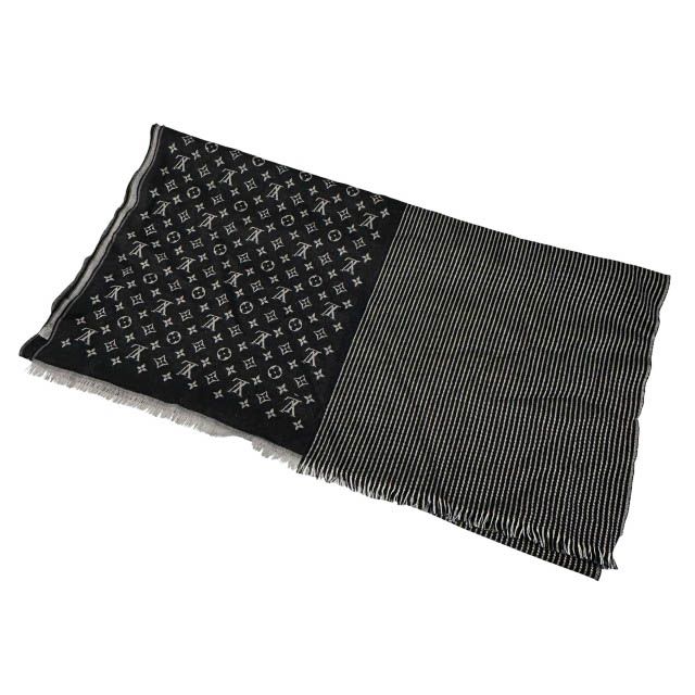 ルイヴィトン LOUIS VUITTON エトール モノグラムラインズ ウール シルク ストール マフラー M71226 黒 灰 ブラック グレー ブランド古着ベクトル 中古▲260504
