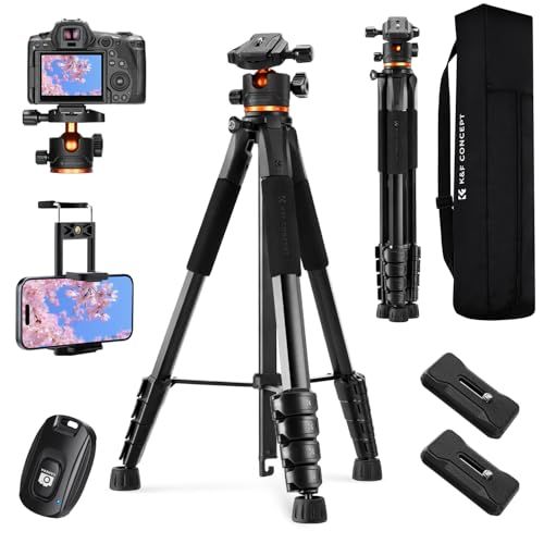 カメラ三脚 K&F CONCEPT190cm 75インチカメラ 三脚 スマホ三脚 軽量三脚 コンパクト トラベル三脚 360°回転 耐荷重 4キロ ポータブル5面プロファイルチューブ、遠隔撮影リモコン 付き 着脱式ビデオ雲台＋タブレット/携帯電話クリップ＋マt
