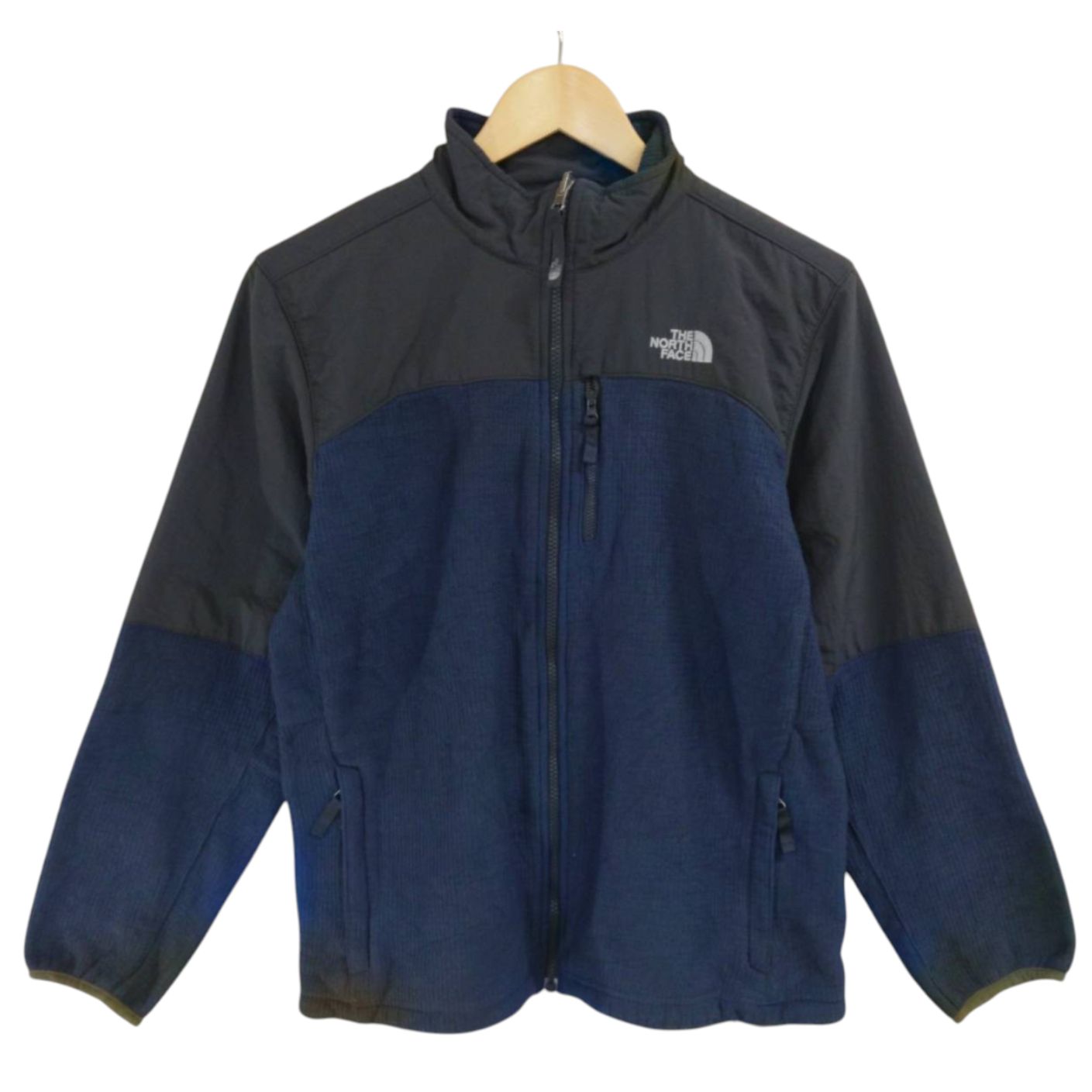 THE NORTH FACE ノースフェイス フリースジャケット XL キッズ メンズS相当 ネイビー 切替 ナイロン フルジップ 刺繍ロゴ アウトドア 軽量 防寒 人気 定番 古着 アウター 羽織り 通学 通勤 カジュアル 秋冬 シンプル おしゃれ