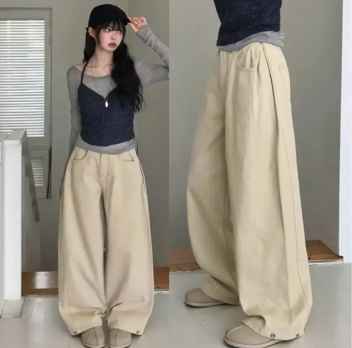 エイブリー ベージュ ピンタック コットン 下半身カバー力 ワイドパンツ
