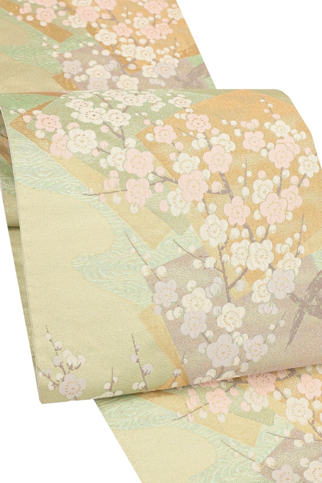 正絹創作袋帯 ≪御仕立て上がり・中古品≫ 「紅白梅色紙紋」 お手頃お値打ち