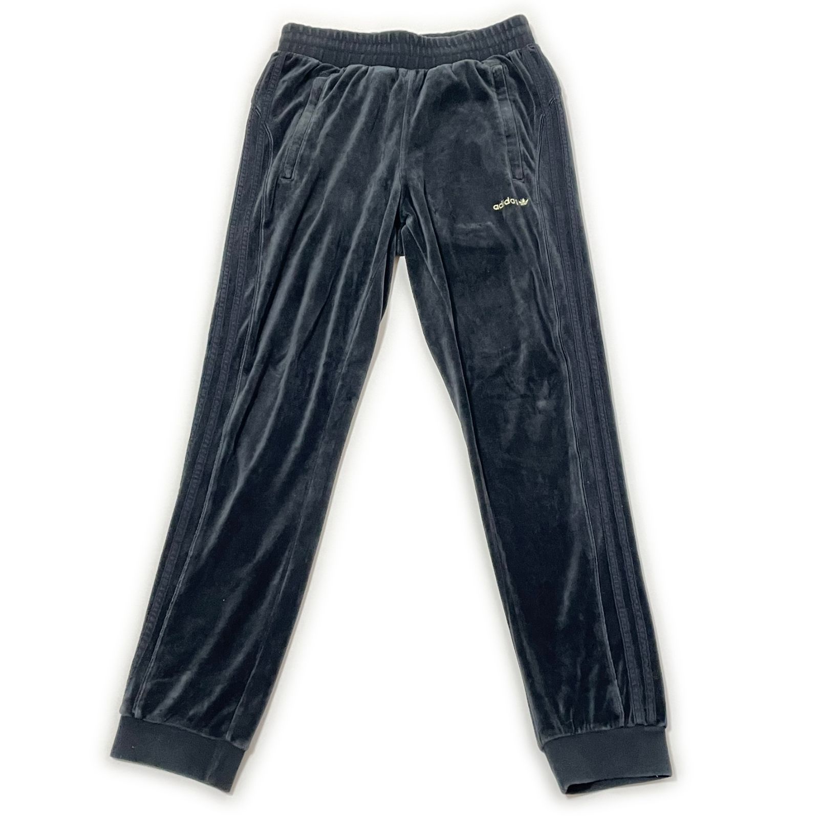 古着 adidas アディダス トラックパンツ ベロア トレフォイルロゴ スリーストライプス ブラック L 264-137