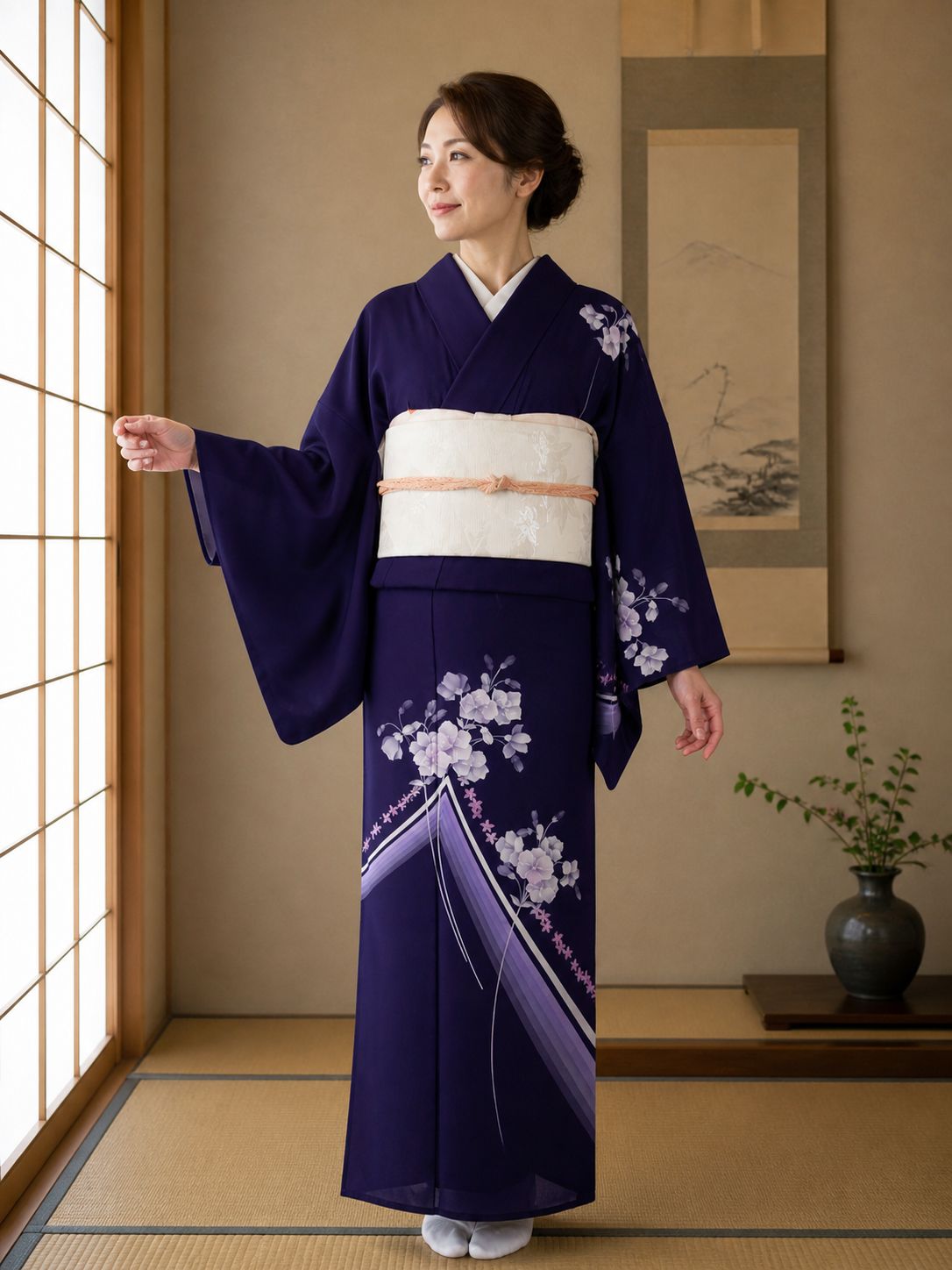 逸品 夏着物 駒絽 附け下げ訪問着 紫紺色 花文様 涼やか優美 正絹