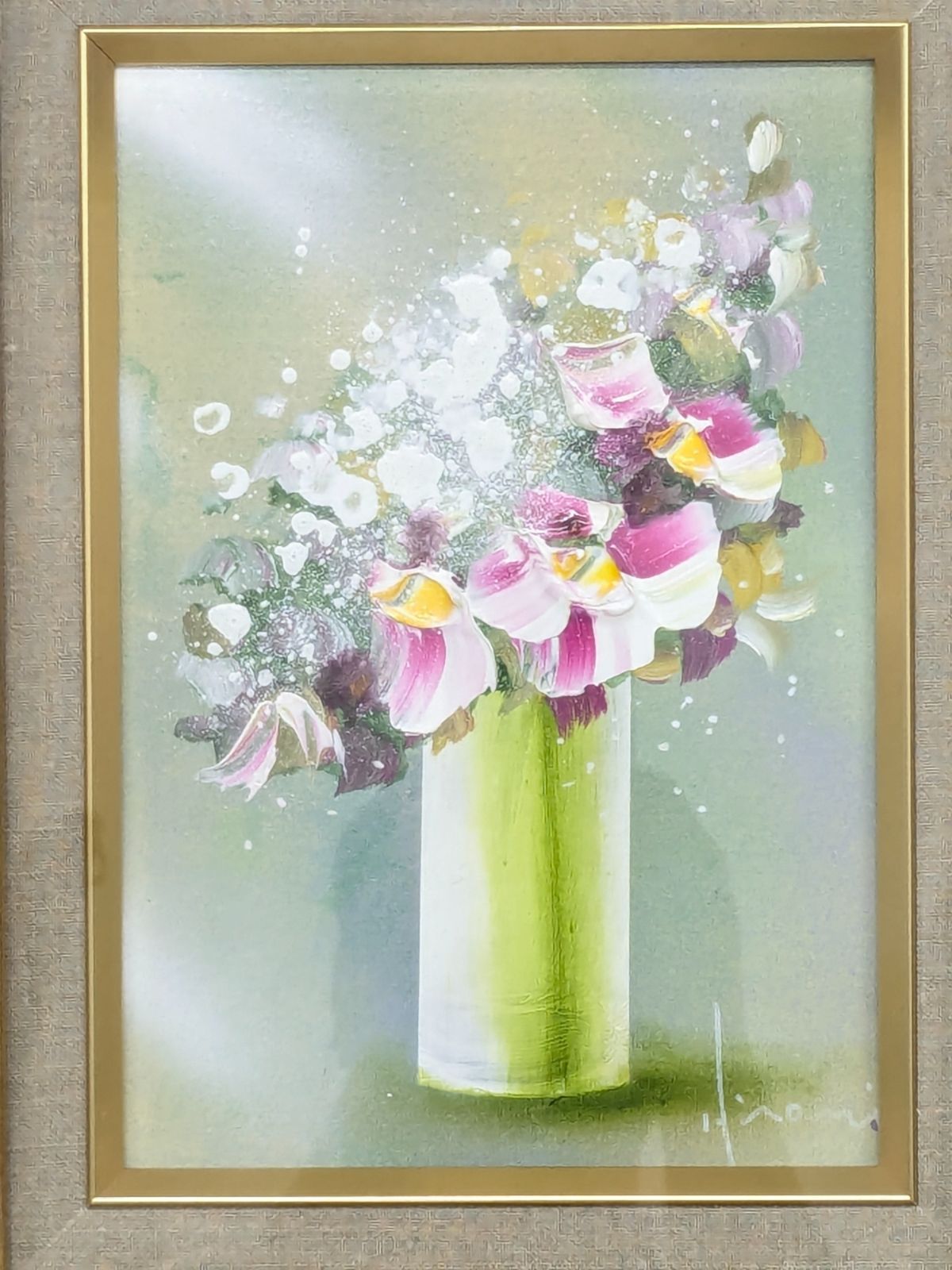 Y. Watanabe 油彩画 花瓶の花 SMサイズ 立川広己 油彩画 SM号 ラン 花 静物画 サイン入り 額装 インテリア