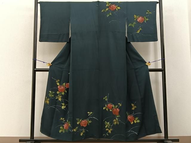 平和屋着物□訪問着 手描き 薔薇 濃紺地 金彩 正絹 逸品 BAAW9135hj
