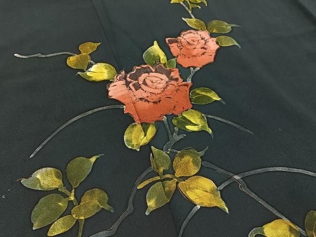 平和屋着物□訪問着 手描き 薔薇 濃紺地 金彩 正絹 逸品 BAAW9135hj