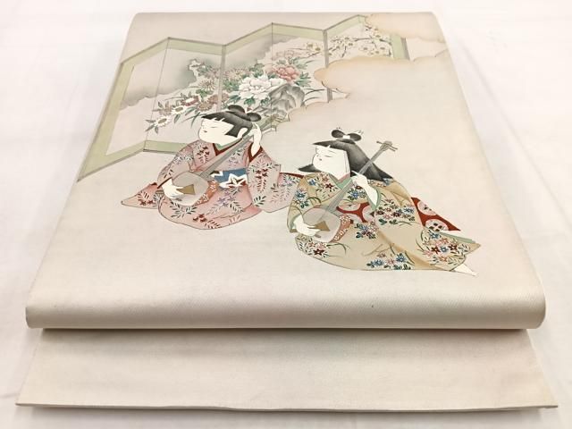 平和屋着物◎太鼓柄袋帯 手描き 人物楽器文 金銀彩 引箔 正絹 逸品