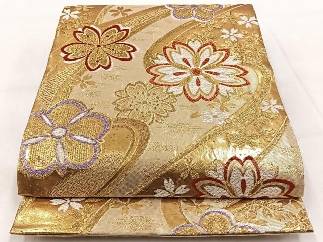 平和屋着物◎佐賀錦 六通柄袋帯 唐織 流水花文 金糸 正絹 逸品