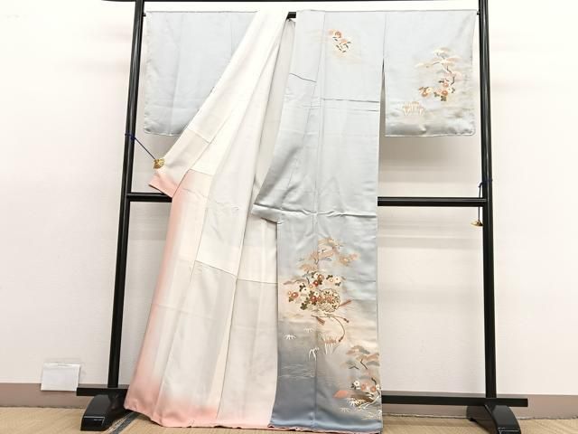 平和屋着物●訪問着　駒刺繍　雪輪熨斗花文　金銀彩　正絹　逸品　AABH0527fy 平和屋着物□訪問着 駒刺繍 絞り 雪輪花松文 金彩 正絹 逸品