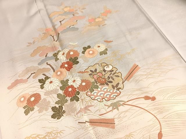 平和屋着物●色留訪問着　駒刺繍　流水雪輪鼓飛鶴牡丹花文　暈し染め　金彩　正絹　逸品　CABE2518yc 平和屋着物○色留訪問着 駒刺繍 流水雪輪鼓飛鶴牡丹花文 暈し染め 金彩