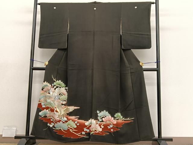 平和屋着物□豪華黒留袖 刺繍 松飛鶴文 金銀彩 正絹 逸品 BAAX2040hv