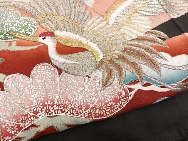 平和屋着物□豪華黒留袖 刺繍 松飛鶴文 金銀彩 正絹 逸品 BAAX2040hv
