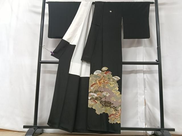 豪華黒留袖　扇面吉祥花鳥文　金彩　正絹 平和屋着物□豪華黒留袖 駒刺繍 扇面吉祥花鳥文 金彩 正絹 逸品