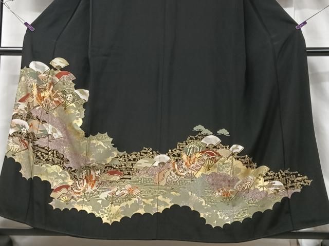 豪華黒留袖　扇面吉祥花鳥文　金彩　正絹 平和屋着物□豪華黒留袖 駒刺繍 扇面吉祥花鳥文 金彩 正絹 逸品