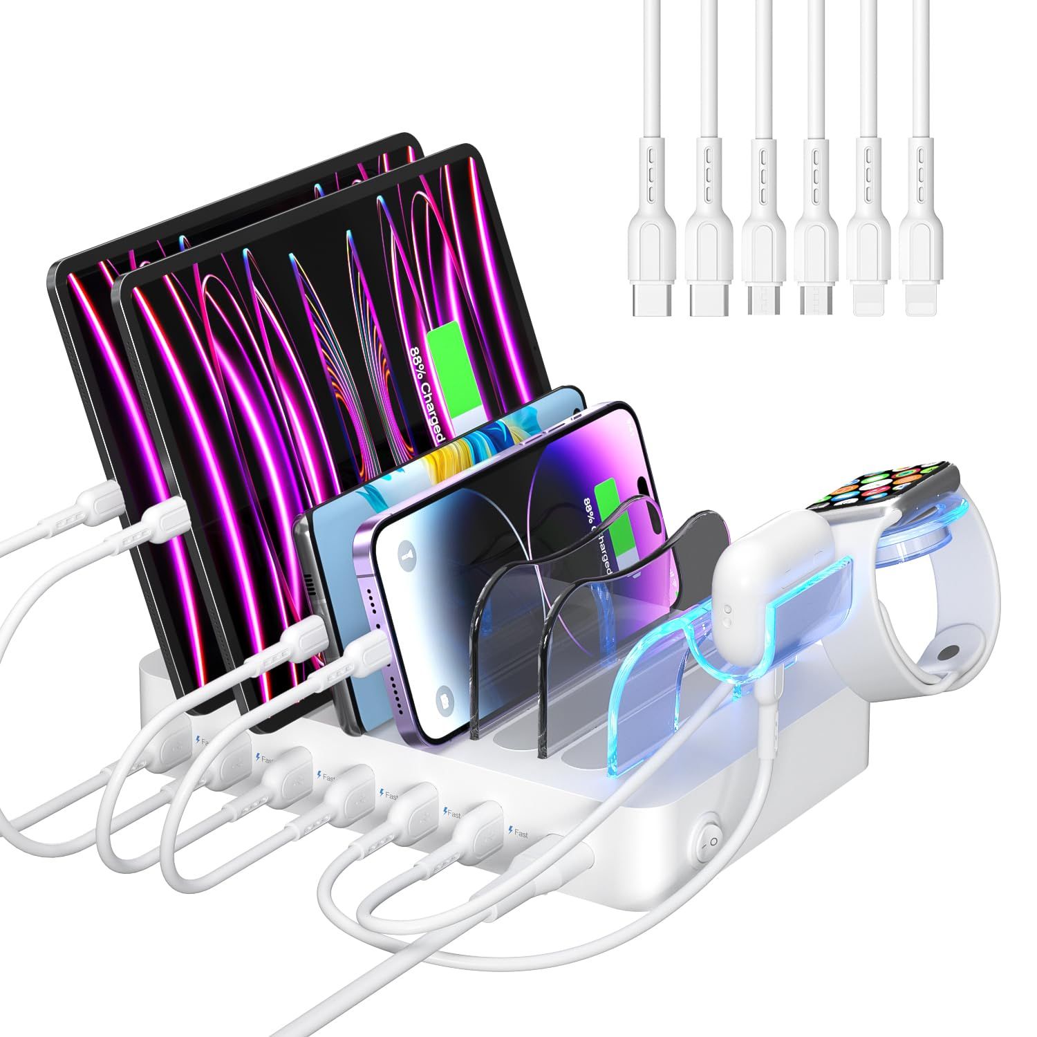 首佩USB ステーション, 50W/10A 6ポート充電スタンド,急速充電スタンド, PSE認証済 6本の短いケーブルが2in1ブラケット、携帯電話、タブレット、その他のホワイト