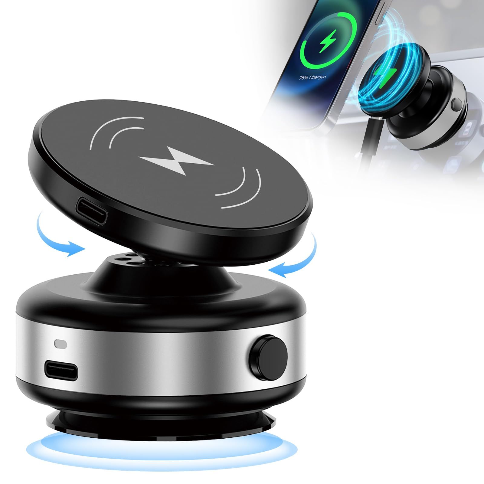 SEARISE スマホホルダー 真空吸着式 車 スマホスタンド 充電 車載スマホホルダー ワイヤレス充電対応 車 吸着式スマホホルダー マグネット&真空吸盤 角度回転(シルバー)