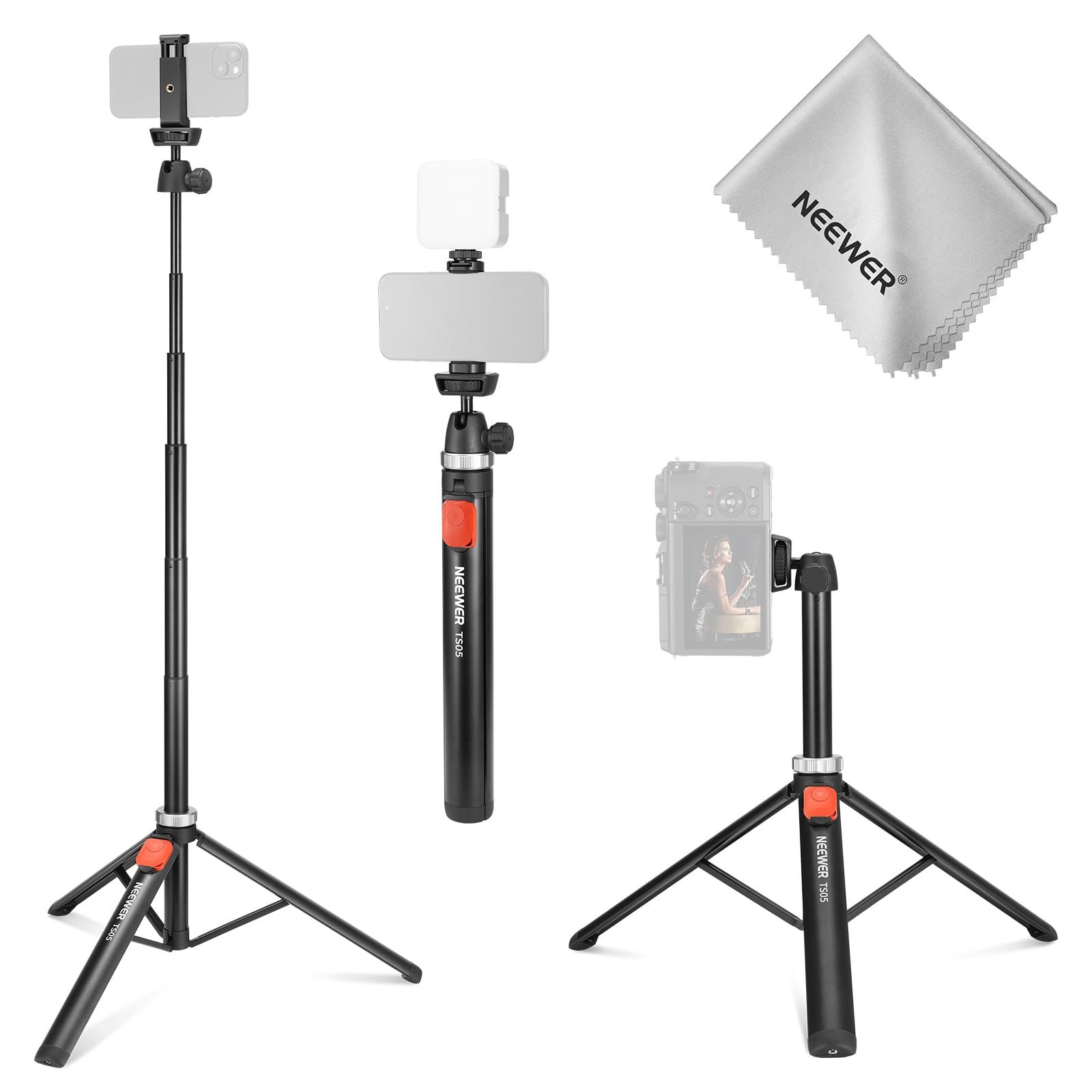 NEEWER スマホ三脚 160cm カメラ用三脚 全金属製 スマホホルダー/リモコン/クリーニングクロス付き ポータブル ミニ三脚スタンド トラベル三脚 アクションカメラ三脚 自撮り棒 旅行用スタンド コンパチブル iPhone/Galaxy S25/S24