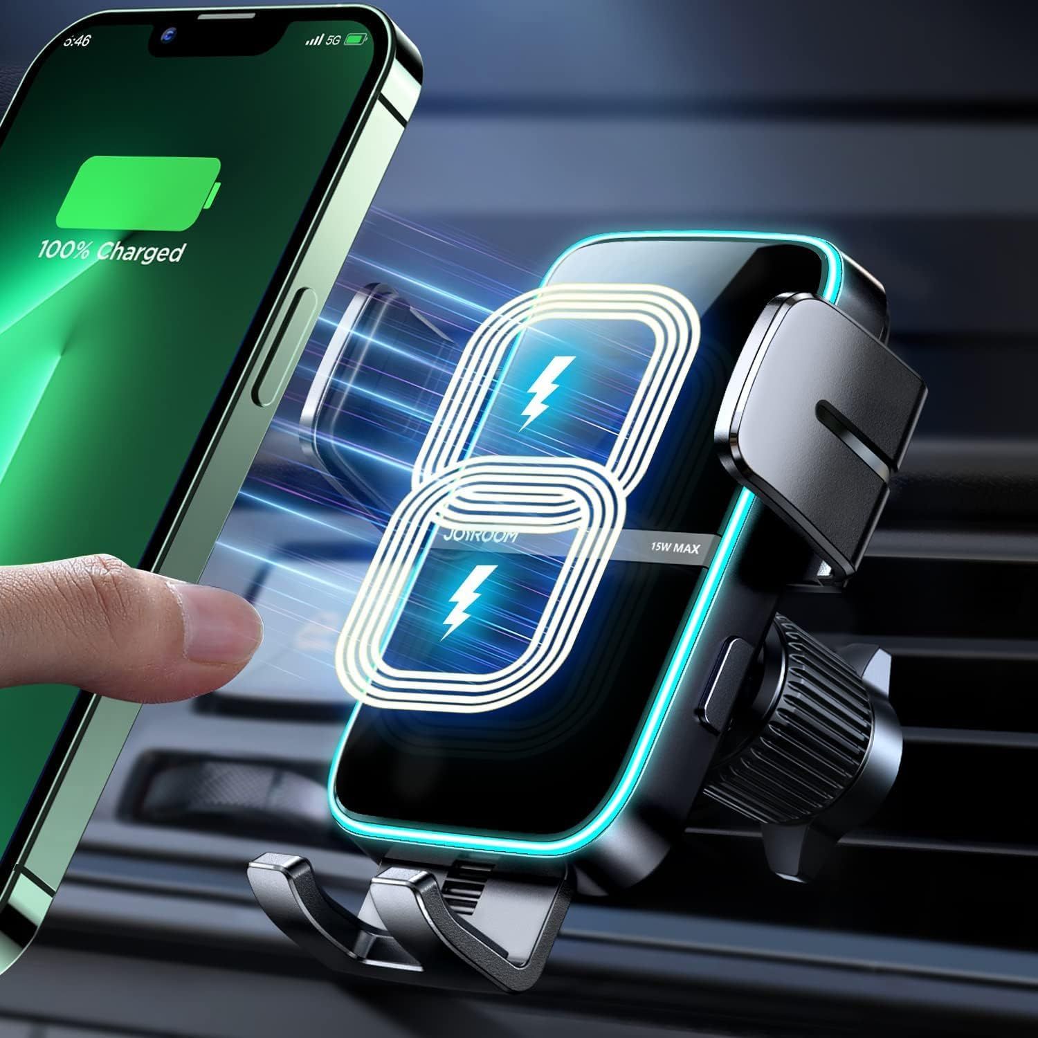 【充電範囲アップ】JOYROOM 車載ワイヤレス充電器 自動開閉/360度回転/急速充電/エアコン吹き出し口用 車載ホルダー スマホスタンド(15W/10W/7.5W/5W) ワイヤレス充電 ワイヤレス車載スマホホルダー 携帯ホルダー すまほスタンド LED付