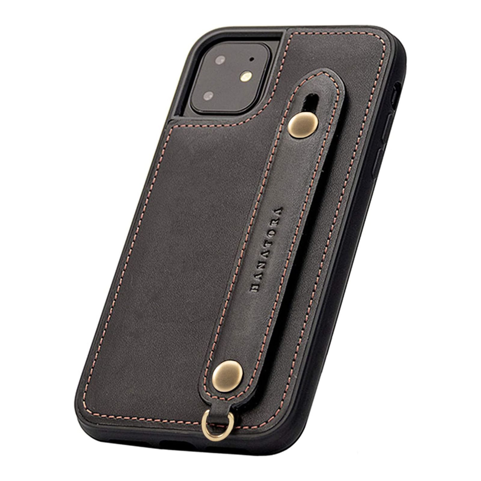 HANATORA for iPhone 11 ケース 本革 耐衝撃 背面ベルト ストラップリング スマホケース スマホ スタンド機能 コードホルダー ガラスフィルム 付き オイルドレザー ギフト ブラック GH-11-Black-m