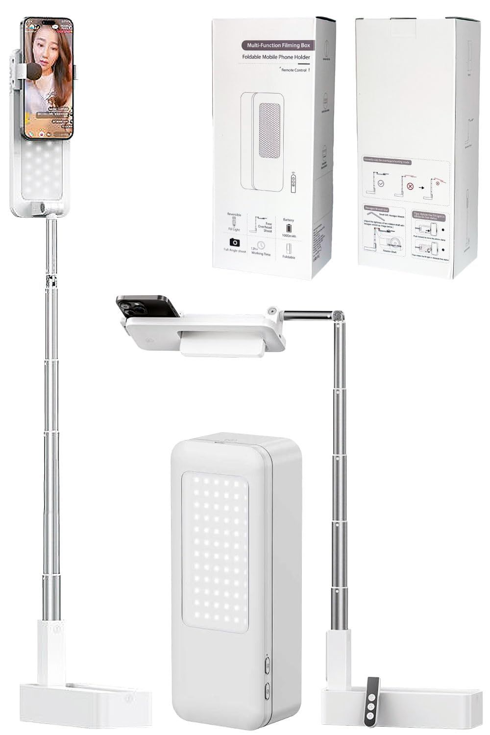 自撮りライト 俯瞰撮影 スマホスタンド リモコン付 バッテリー内蔵 LEDライト/高輝度LED 3色 調光 コンパクト/手元撮影 ネイル 撮影 照明 手元ライト 撮影用ライト照明 配信用ライト 女優ライト