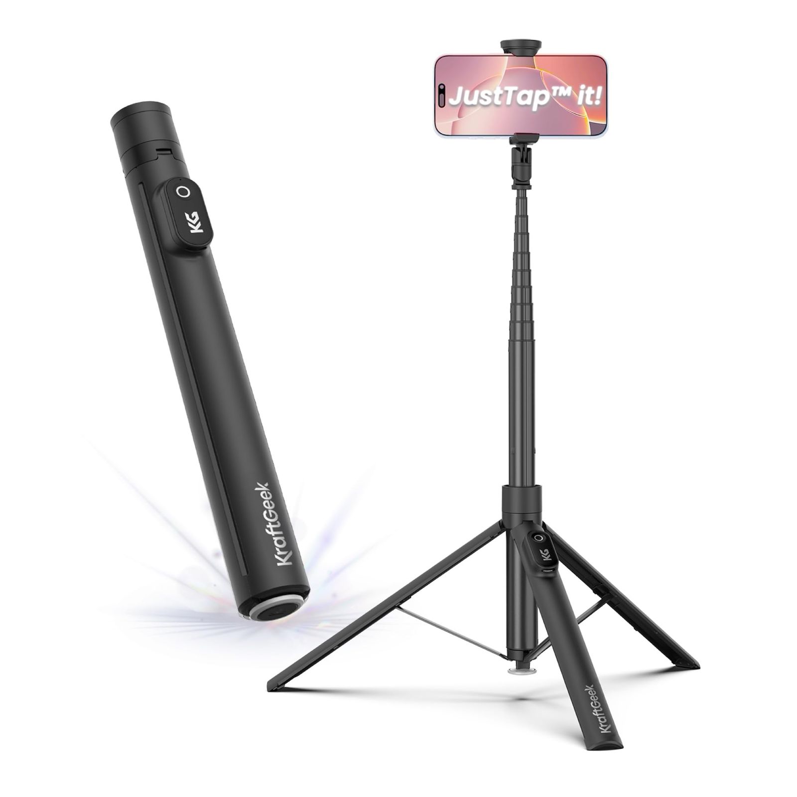 KraftGeek ジャストタップ ・スマホ三脚168cm｜iPhone用 三脚スタンド・自撮り棒｜Bluetoothリモコン付｜軽量コンパクト｜Vlog・旅行・集合写真に最適｜ブラック 4,575円