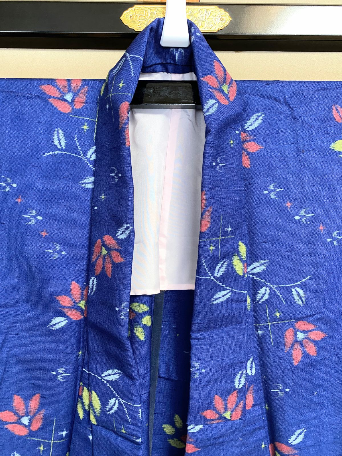 257B【アンティーク着物】紬 羽織セット小紋 花紺 夏物 絣 花模様 正絹
