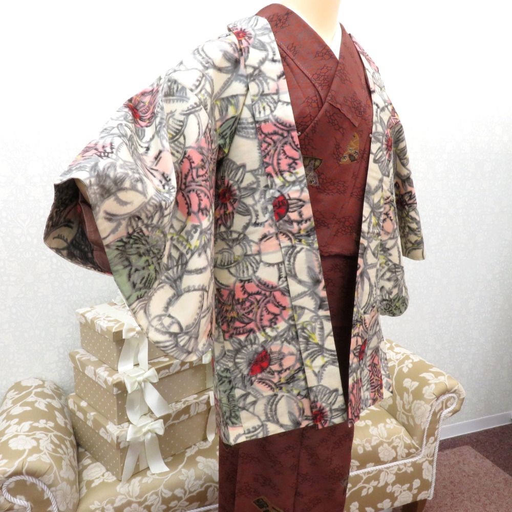 羽織 アンティーク 銘仙 長羽織 オフホワイト×グレー 多色 花デザイン