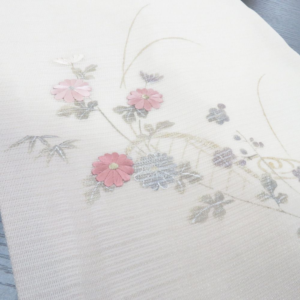 MO-3544 名古屋帯 刺繍 花模様 銀糸 名古屋帯 夏用帯 夏名古屋帯 ホワイト×ライトグレーぼかし 花デザイン