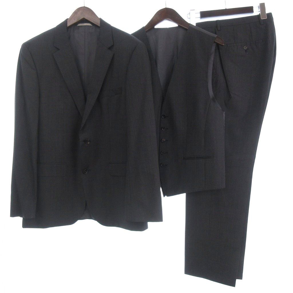 ヒューゴボス HUGO BOSS セットアップ スーツ 3ピース ストライプ テーラードジャケット ベスト パンツ スラックス 50 グレー 8,175円