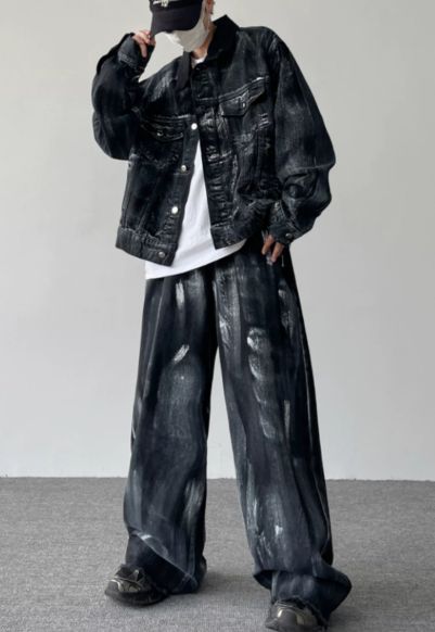 ブラックデニム セットアップ Gジャン×ワイドパンツ ウォッシュ加工 ストリート