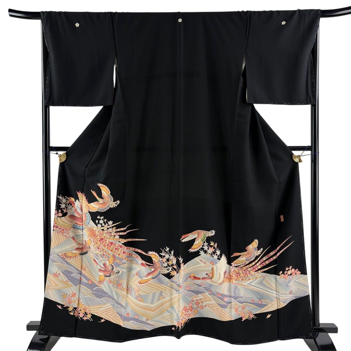 黒留袖 身丈163cm 裄丈68.5cm L 袷 中町博志 落款 尾長鳥 波 黒 正絹 逸品 【中古】
