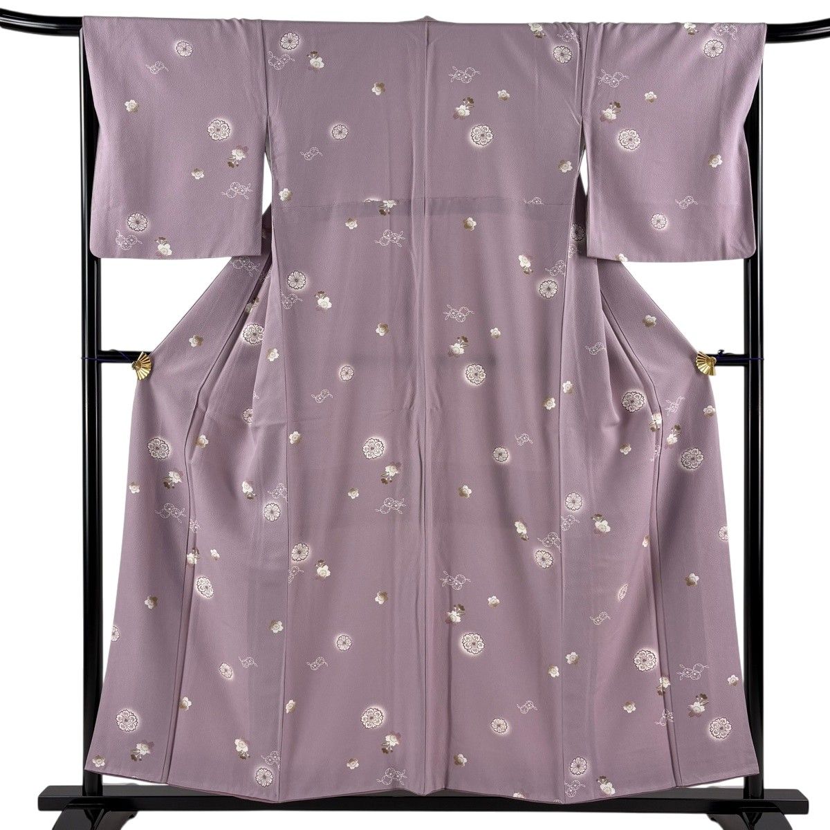美品】 小紋 身丈155cm 裄丈66cm M 袷 桜 七宝 ぼかし 薄紫 正絹 秀品