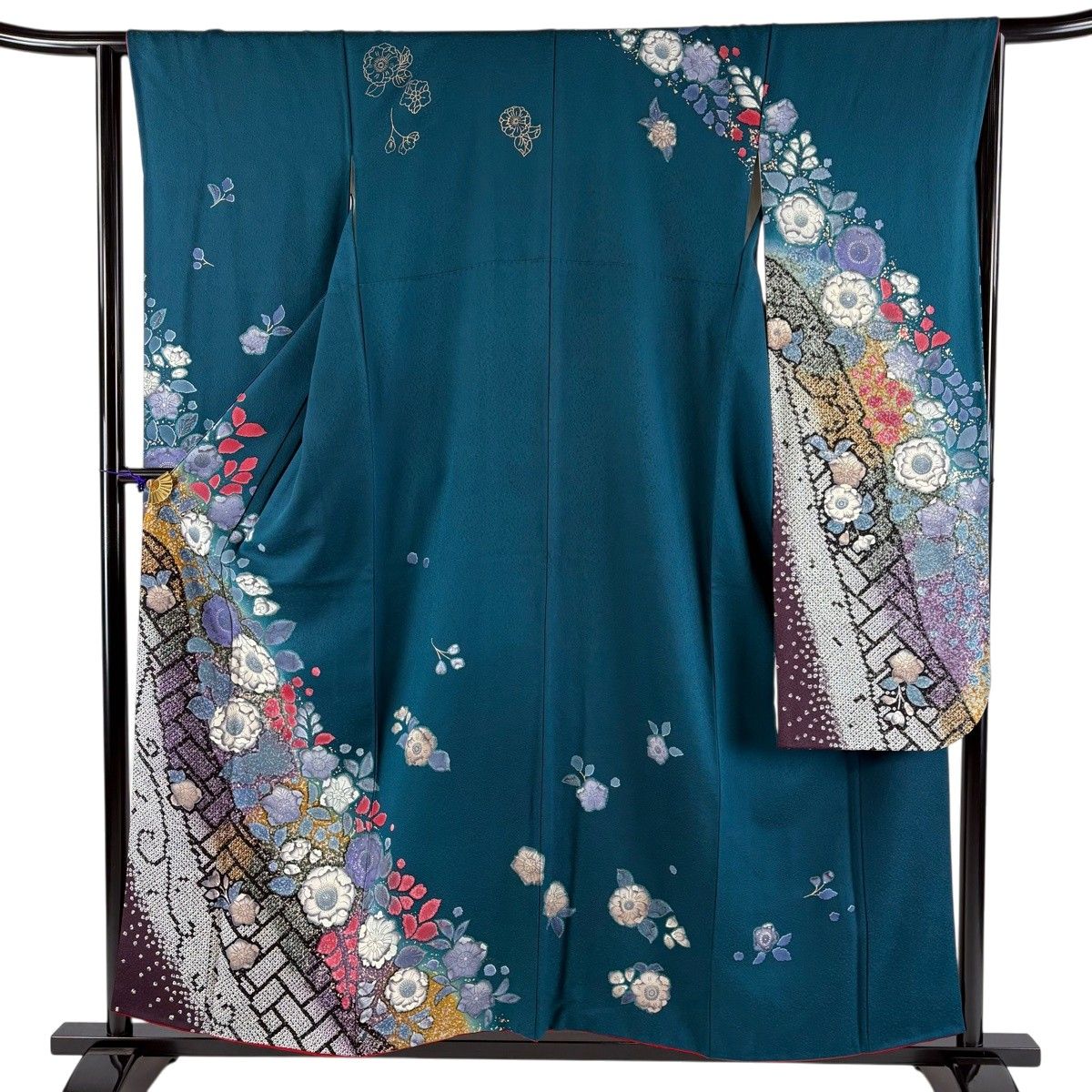 振袖 身丈157cm 裄丈64cm M 袷 草花 唐草 金彩 ぼかし 青緑 正絹 秀品 【中古】