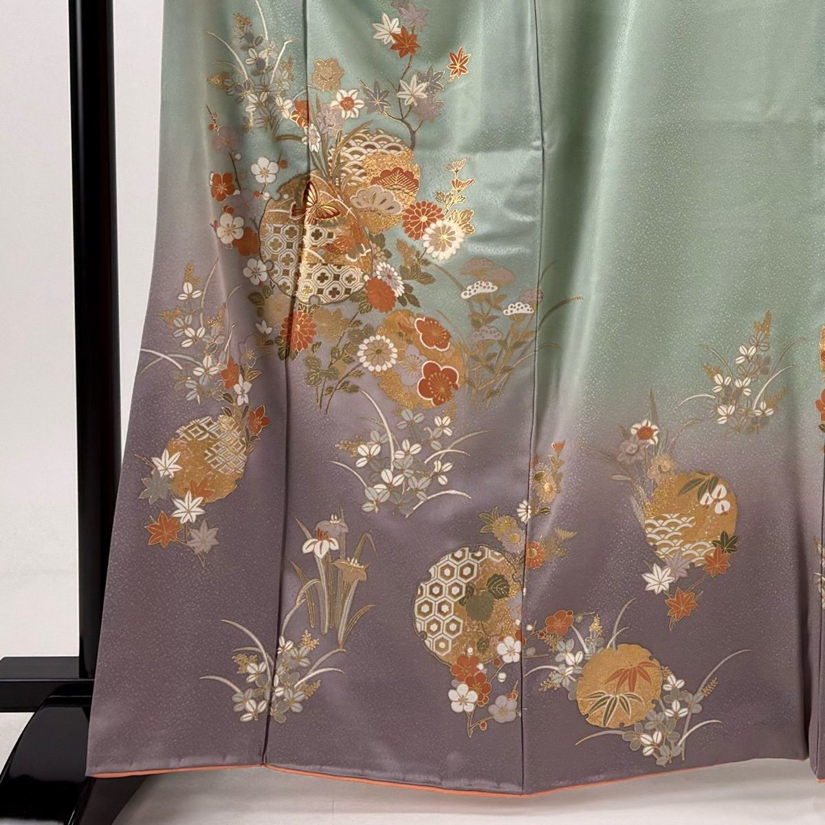 美品 訪問着 身丈166cm 裄丈66cm M 袷 雪輪 草花 薄緑 正絹 秀品