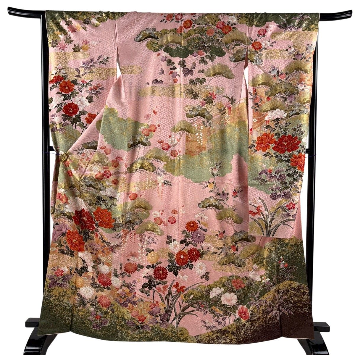 振袖 美品 秀品 身丈165.5cm 裄丈63cm 正絹 【中古】 美品】 振袖 身丈165.5cm 裄丈65cm M 袷 牡丹 松梅 金糸 金彩 ピンク
