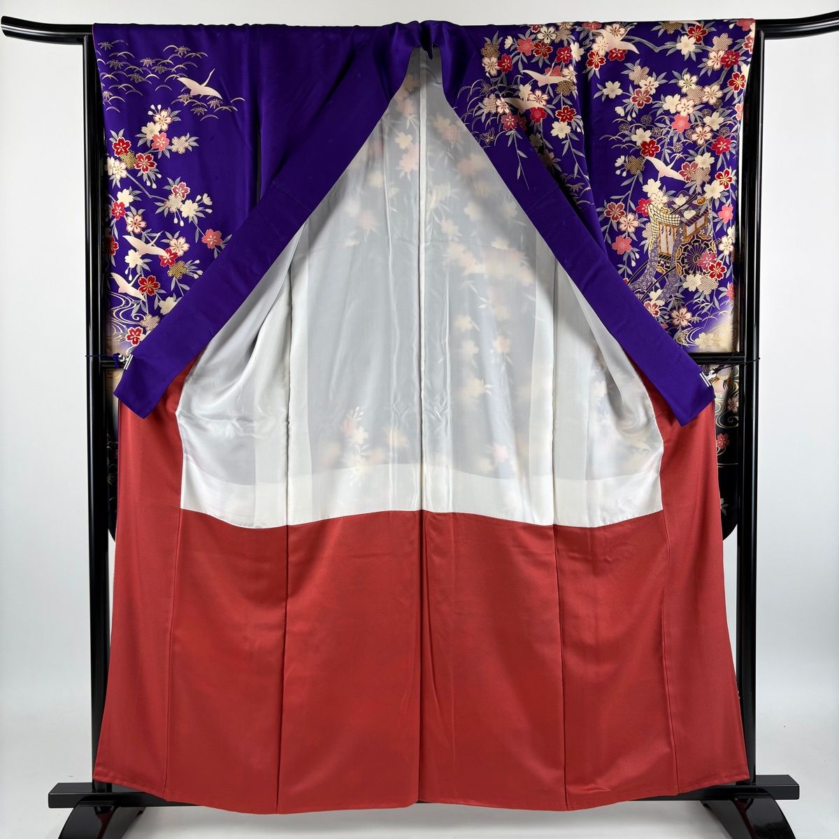 振袖 身丈159.5cm 裄丈64.5cm M 袷 御所車 桜 金糸 金彩 紫 正絹 秀品