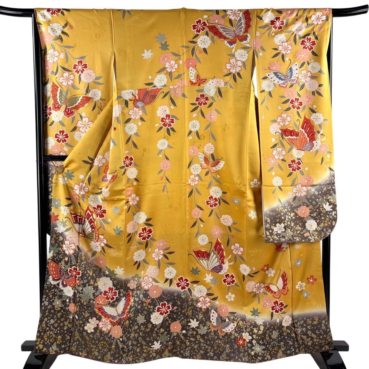 【美品】 振袖 身丈161.5cm 裄丈67.5cm 正絹 秀品 【中古】 振袖 身丈161.5cm 裄丈65cm M 袷 蝶 枝垂れ桜 金糸 金銀彩 山吹色 正絹