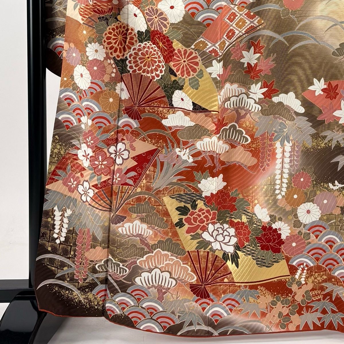 振袖 身丈165.5cm 裄丈68cm L 袷 花扇 青海波 金糸 金彩 ベージュ 正絹