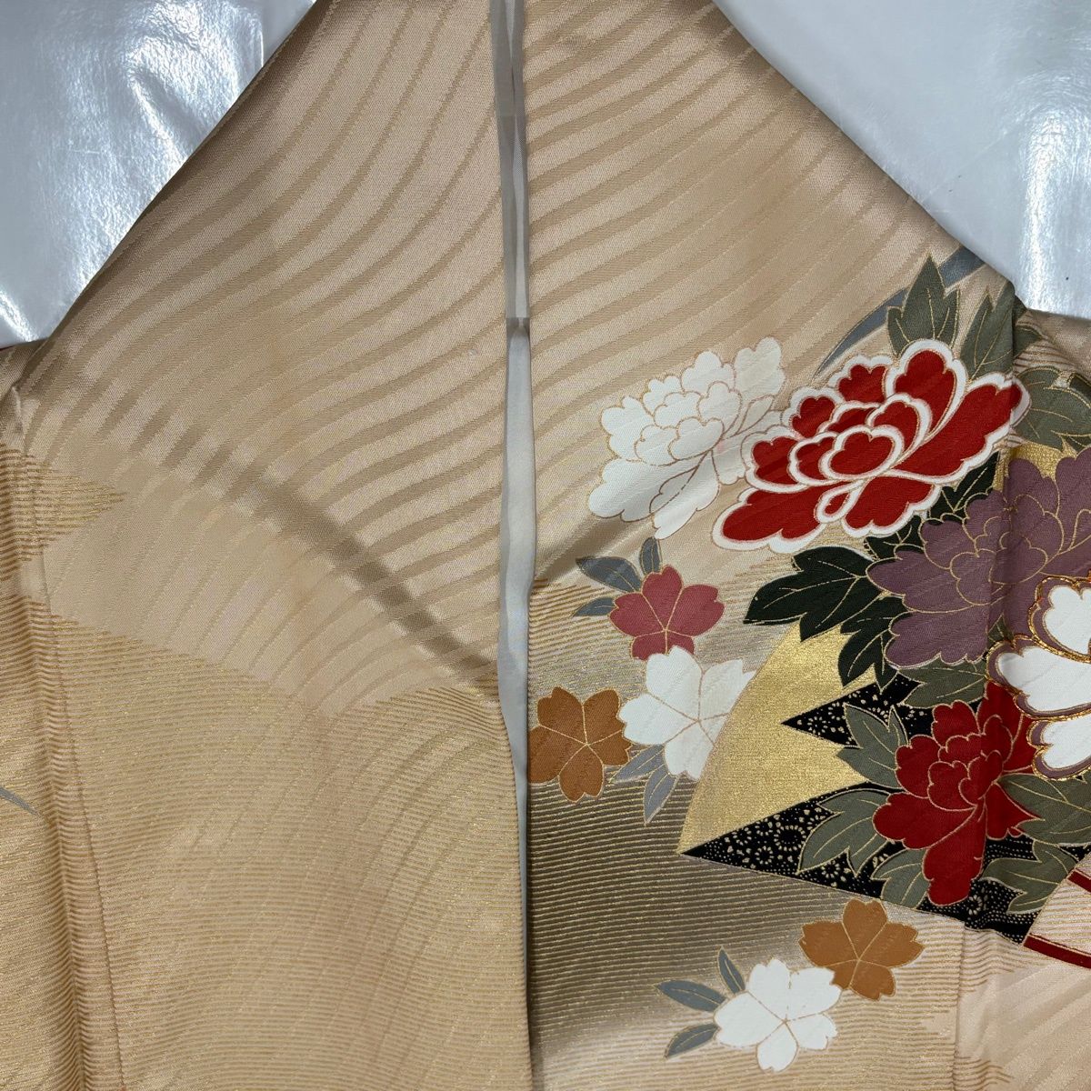 振袖 身丈165.5cm 裄丈68cm L 袷 花扇 青海波 金糸 金彩 ベージュ 正絹