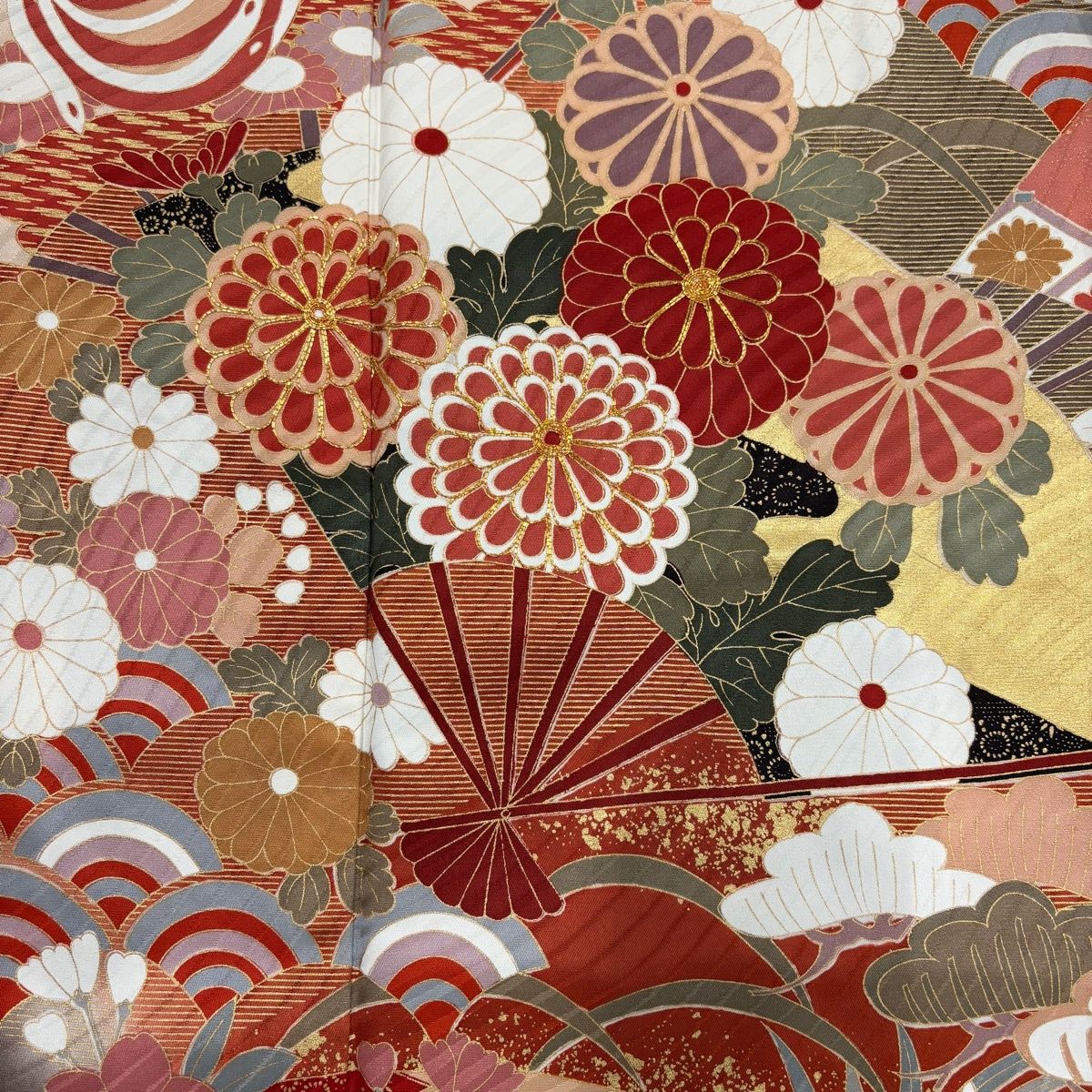 振袖 身丈165.5cm 裄丈68cm L 袷 花扇 青海波 金糸 金彩 ベージュ 正絹
