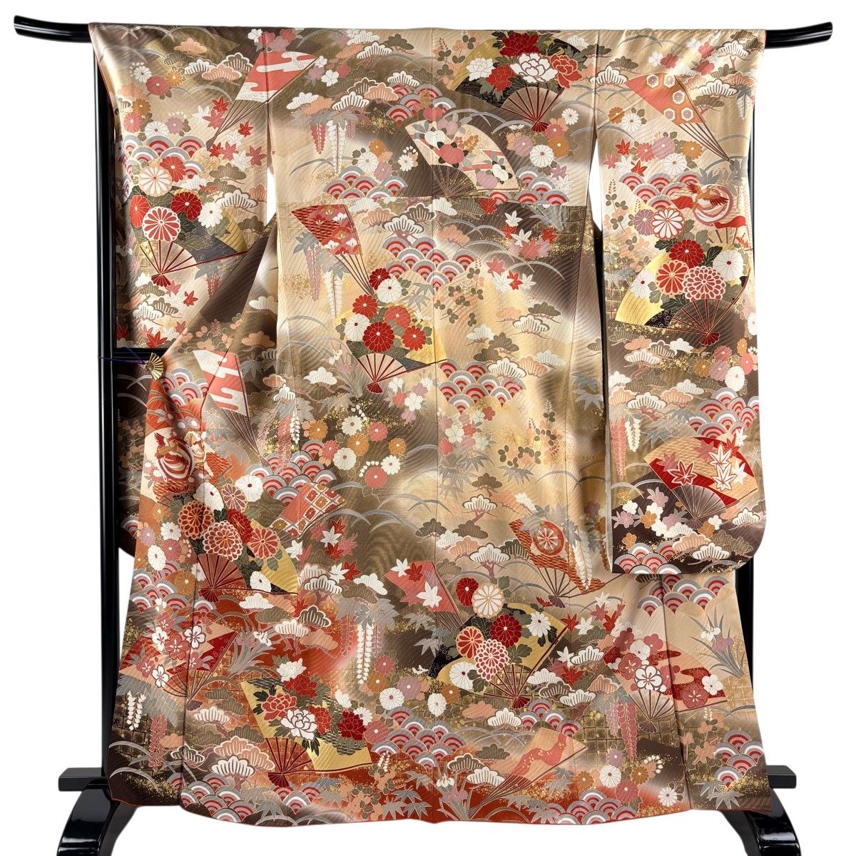 振袖 身丈165.5cm 裄丈68cm L 袷 花扇 青海波 金糸 金彩 ベージュ 正絹