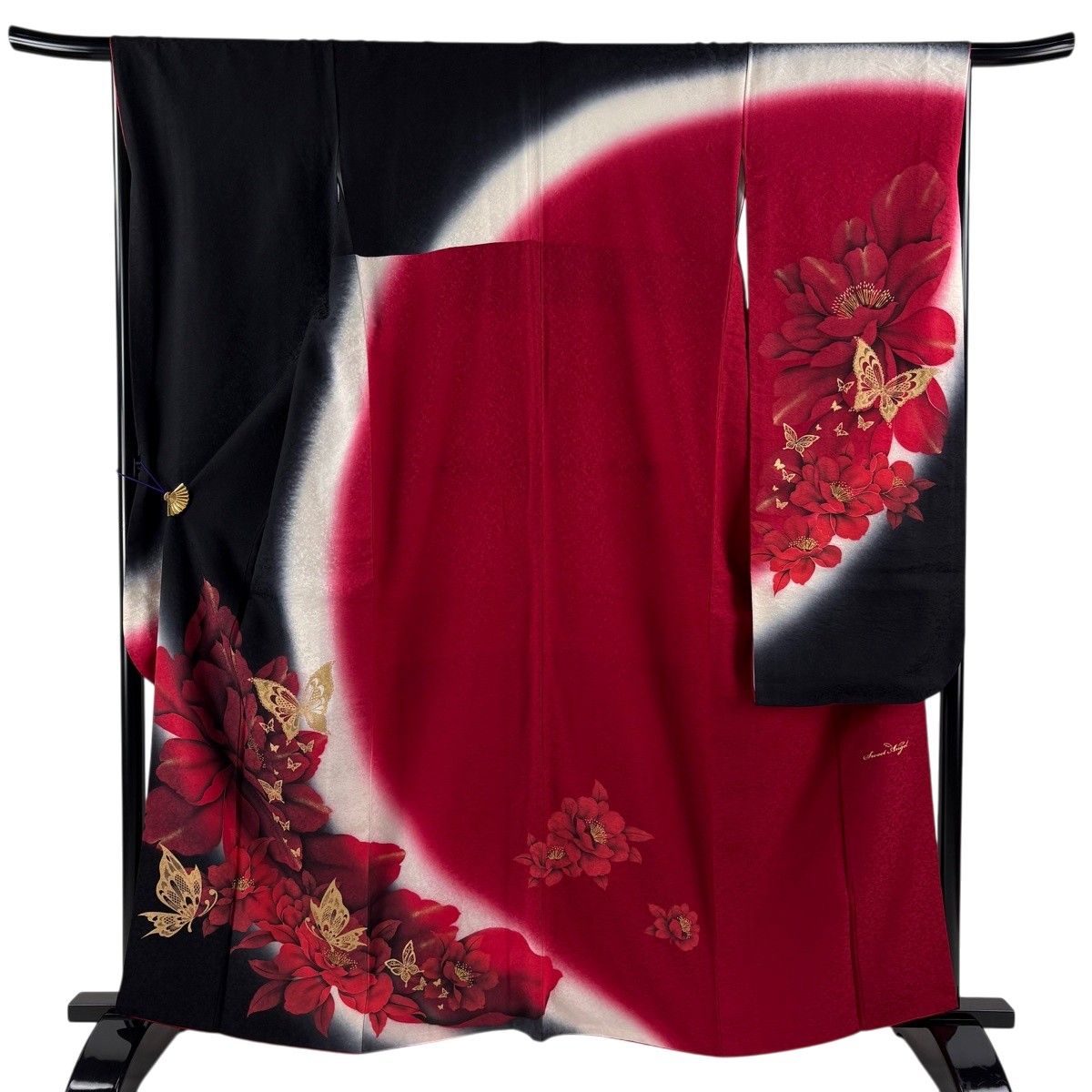【美品】 振袖 身丈162cm 裄丈66cm M 袷 蝶 牡丹 金彩 染め分け 黒 正絹 秀品 【中古】