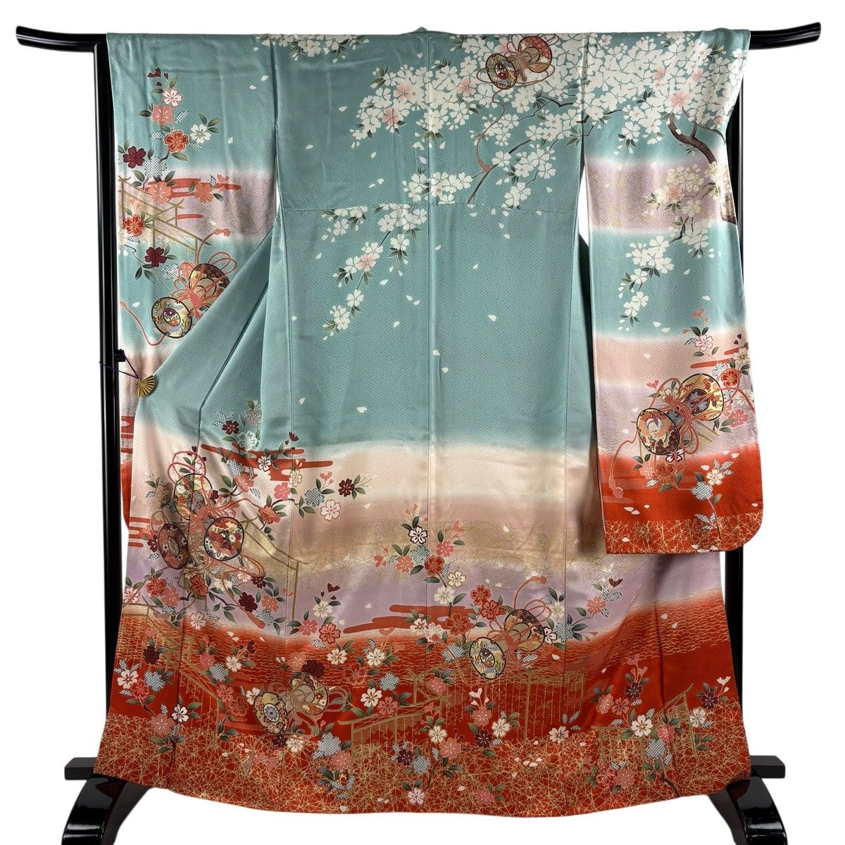 振袖 美品 名品 身丈164.5cm 裄丈65.5cm 正絹 【中古】 振袖 身丈164.5cm 裄丈66.5cm M 袷 鼓 花鳥 水色 正絹 秀品 【中古
