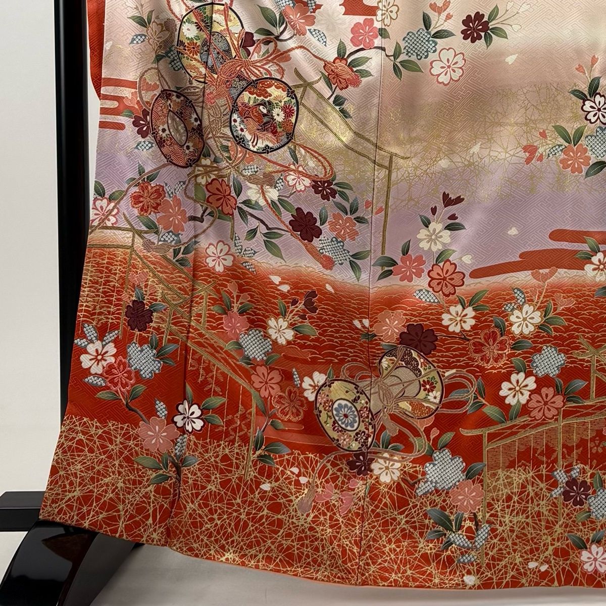 振袖 身丈164.5cm 裄丈66.5cm M 袷 鼓 花鳥 水色 正絹 秀品 【中古