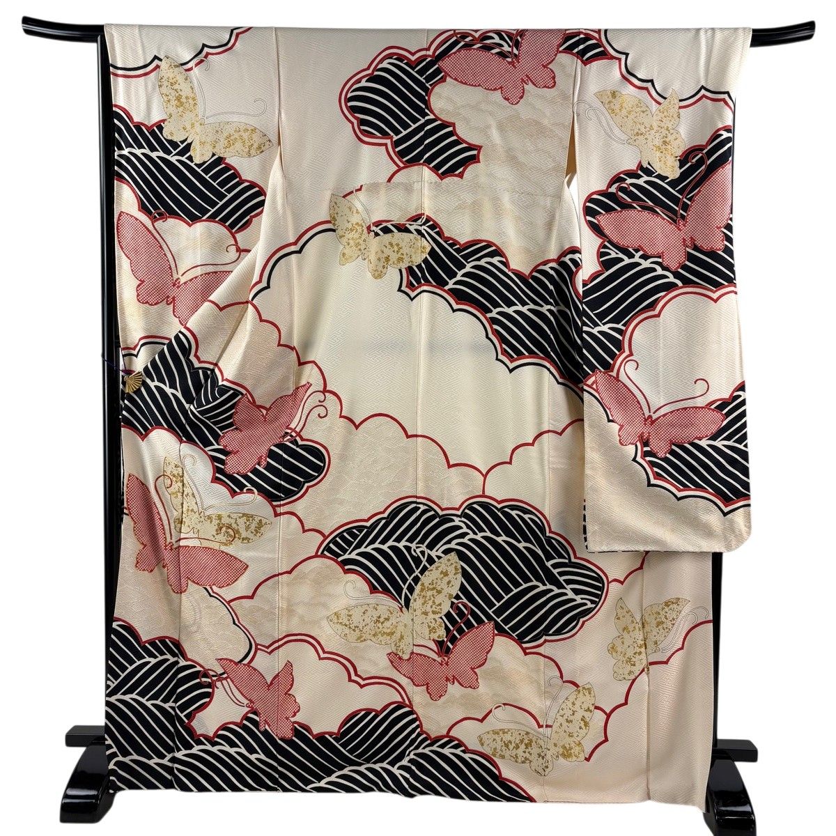 振袖 身丈171.5cm 裄丈65.5cm M 袷 蝶 雲文 金糸 金彩 ベージュ 正絹 秀品 【中古】