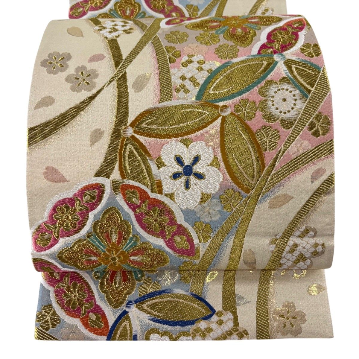 専用❣️桜模様 金糸 ベージュ 正絹 全通 袋帯 6117 kimono-kisste_6-4-01587