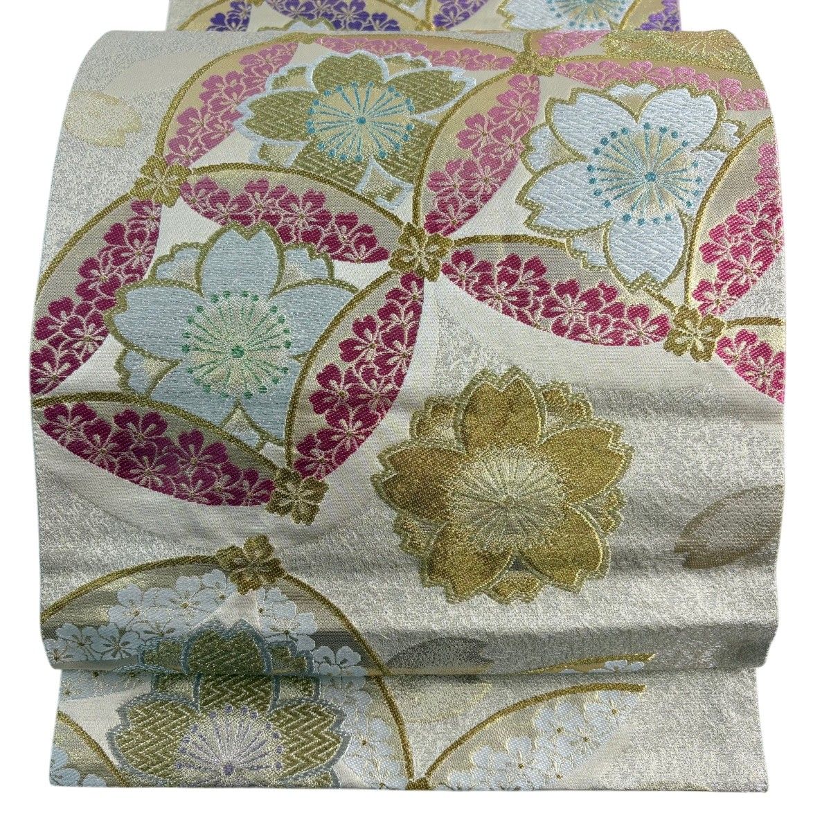 中古品 振袖用　袋帯 440cm クリーム系 正絹 古典 上品 美品 美品】 袋帯 秀品 振袖向き 七宝 桜 箔 金銀糸 クリーム 六通 正絹