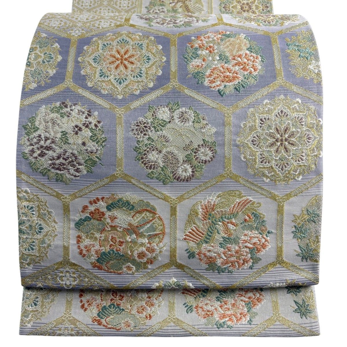 袋帯 七宝亀甲詰華文 花唐草模様 金糸 暝色 O-6096 美品】 袋帯 秀品 亀甲華文 花鳥 金糸 青灰色 六通 正絹 【中古