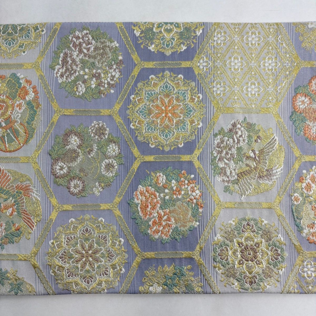 美品】 袋帯 秀品 亀甲華文 花鳥 金糸 青灰色 六通 正絹 【中古