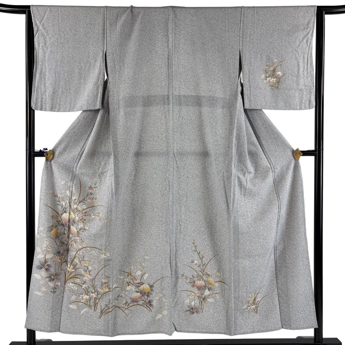 訪問着 身丈152cm 裄丈64cm M 単衣 牡丹 秋草 金彩 灰色 正絹 優品